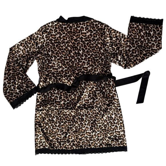 New Leopard Print Robe Womens Medium Long Sleeve Black Lace Trim Satin Mob Wife - Picture 9 of 14